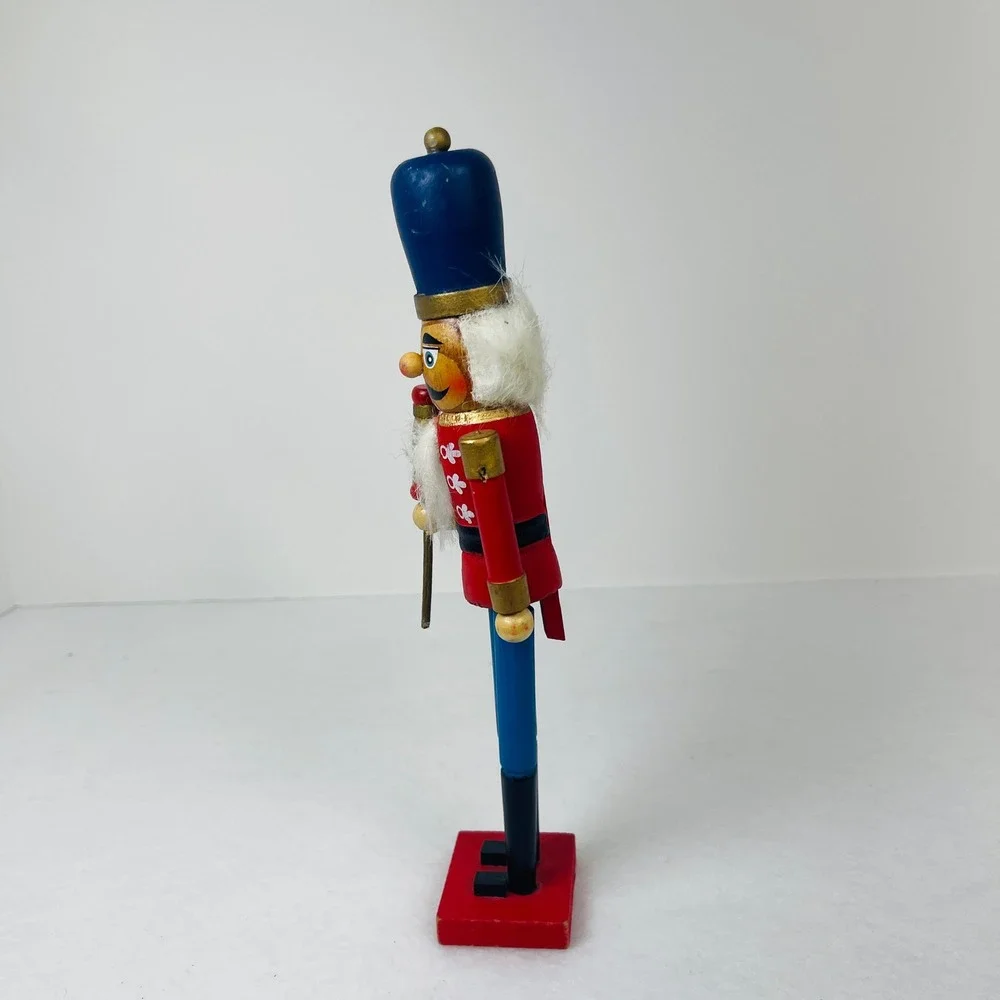 Vintage Wooden Nutcracker Soldier Red Blue Uniform Christmas Decor 9 Inch